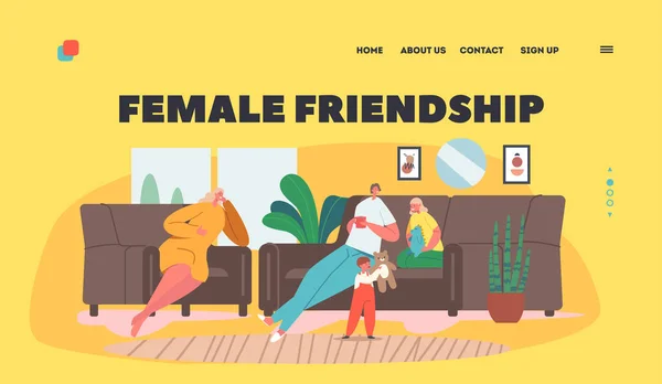 Personagens femininos Amizade Landing Page Template. As namoradas encontram-se em casa. Casal de mulheres amigas sentadas no sofá — Vetor de Stock