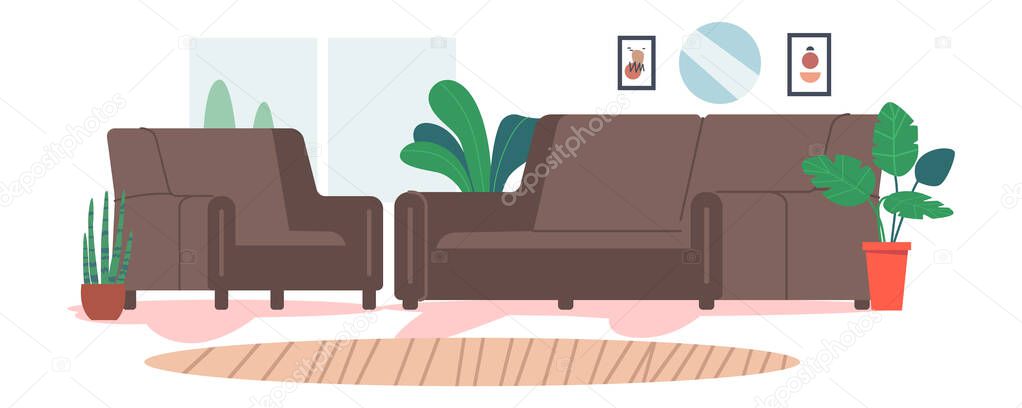 Living Room Interior with Fashioned Simple Style Furniture and Decor. Sofa and Armchair, Potted Plants, Cozy Apartment