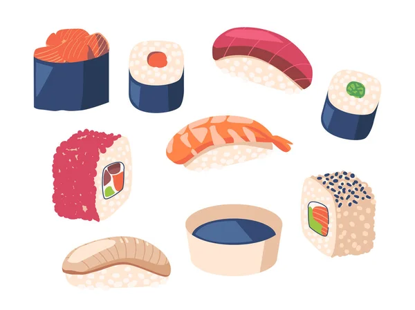 Set Japan Food, cuisine japonaise Sushi et Rolls au poisson, au caviar, à la sauce soja et aux algues. Fruits de mer Gunkanmaki Ikura — Image vectorielle