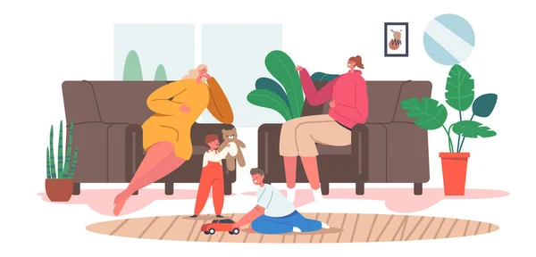 Moms flickvän Besök Hem Koncept. Glad mor och vän tecken sitta på soffan, dricka te, chatta, dela skvaller — Stock vektor
