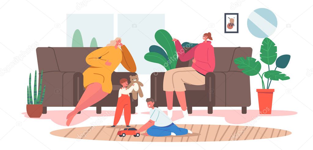 Moms Girlfriend Visit Home Concept. Happy Mother and Friend Characters Sit on Couch, Drink Tea, Chatting, Share Gossips