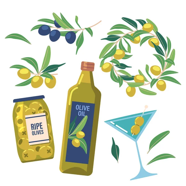 Set Olive Biologiche, Olive Verdi e Nere su Rami e in Vaso di Vetro, Olio in Bottiglia, Martini Bicchiere — Vettoriale Stock