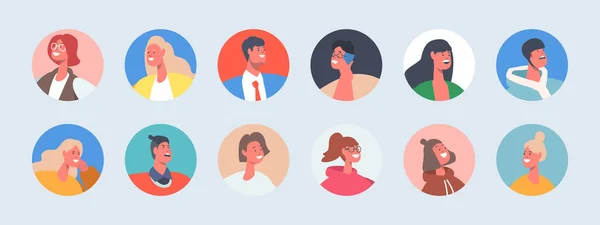 Stel mensen Avatars, jonge en volwassen mannen of vrouwen portretten voor sociale media en webdesign. Man en vrouw Karakters — Stockvector