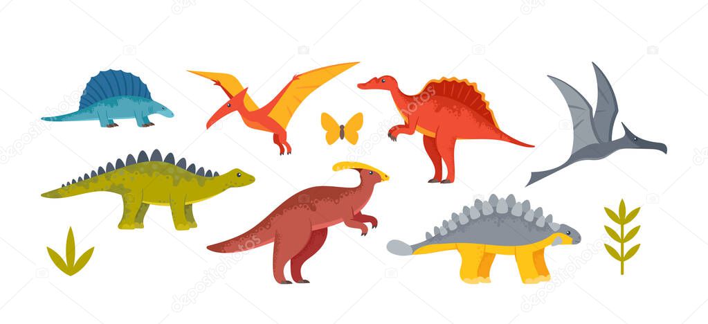 Cute Baby Dinosaurs, Dragons and Funny Dino Characters Set. Isolated Fantasy Colorful Prehistoric Happy Wild Animals Tyrannosaurus Rex, Stegosaurus, Pterodactyl Figures. Cartoon Vector Illustration