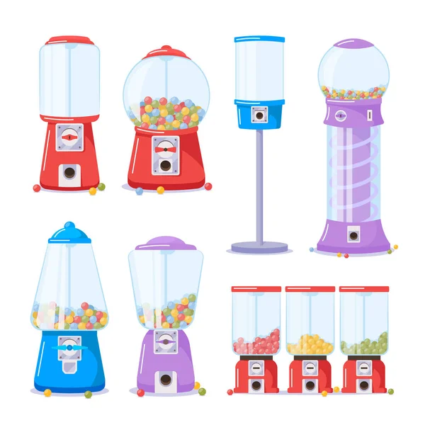 Set Gumball Machines, Dispenser met Bubble Gums Geïsoleerd op Witte Achtergrond. Volledige en lege verkoopautomaten — Stockvector