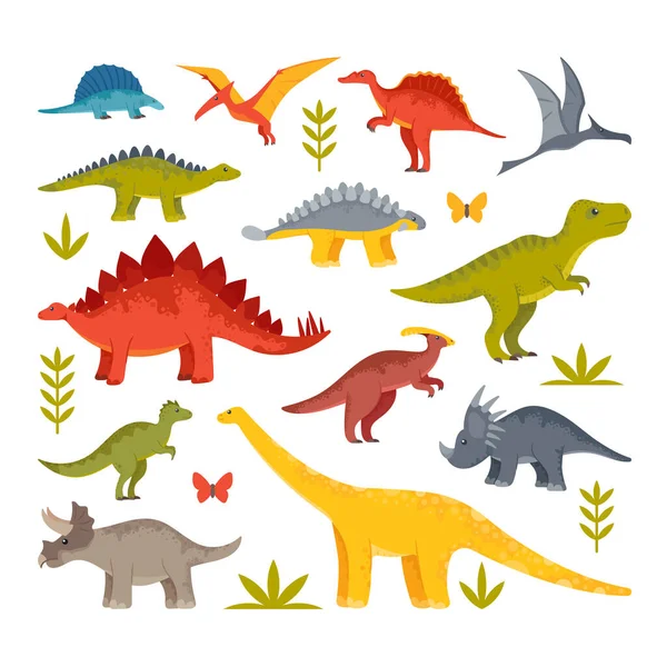 Dinossauros bonitos para bebês, dragões e personagens engraçados de Dino. Tiranossauro Rex, Estegossauro, Pterodáctilo, Brontossauro — Vetor de Stock
