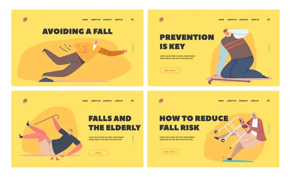 Old People Fall Landing Page Template Set. Senior Male and Female Character Falling Down on Ground due to Slippery Road — 图库矢量图片