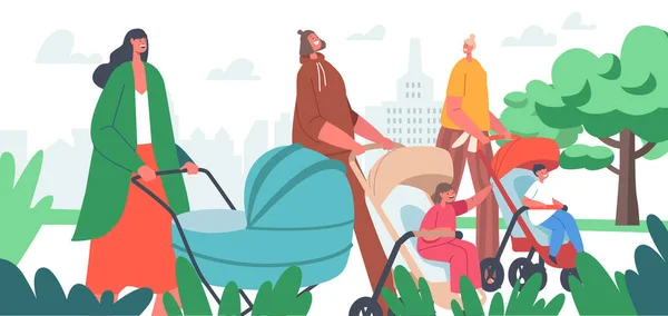 Grupo de mujeres con bebés en cochecitos y cochecitos. Mamás Personajes caminando con sus hijos lactantes, la comunidad de madres — Archivo Imágenes Vectoriales