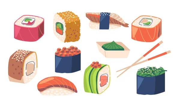 Japonská kuchyně Sushi and Rolls. Japonské jídlo s rybami a řasami. Seafood Gunkanmaki Ikura, Tobiko a Uni, Uramaki — Stockový vektor