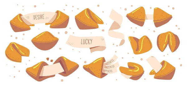 Definir Cookies Fortune com previsão da sorte em pedaços de papel. Mensagem surpresa dentro de Bake. Comida tradicional chinesa — Vetor de Stock