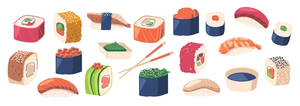 Sada japonské kuchyně Sushi Gunkanmaki Ikura s lososem Roe, Tobiko s muškařským rohem a Uni s mořským ježkem — Stockový vektor