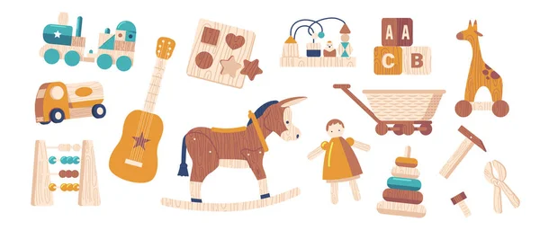 Ensemble de divers jouets en bois Train, Voiture, Guitare et trieuse, Soraban, Pyramide, âne à bascule et poupées. Girafe à roues — Image vectorielle