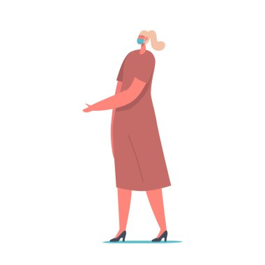 Beyaz Arkaplan 'da izole edilmiş Kadın Karakteri Tıbbi Maske Giyiyor. Gribi, Coronavirüsü veya Tozu Korumaya Çalışan Kadın