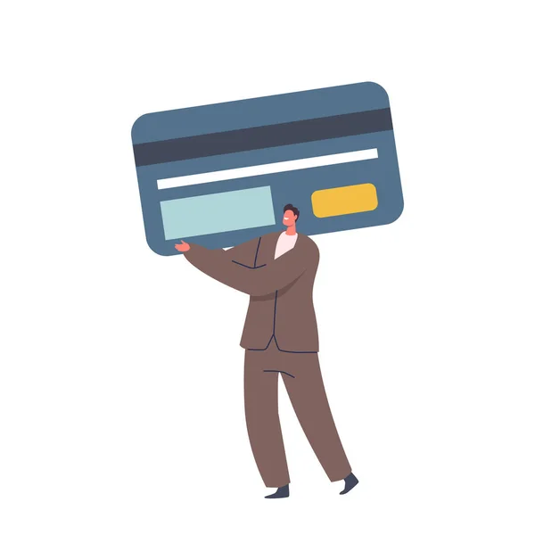 Tiny Man Carry énorme carte a un bon taux de pointage de crédit. Paiement sans espèces ou argent de transfert. Opérations bancaires — Image vectorielle