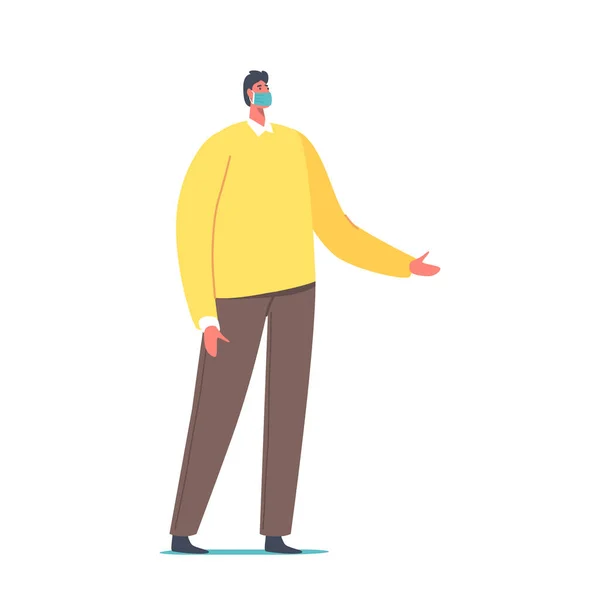 Мужской персонаж носить медицинскую маску, человек пытается защитить от гриппа, коронавируса или пыли, защиты от износа, чтобы остаться под защитой — стоковый вектор