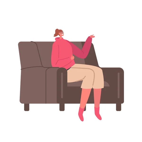 Симпатичная улыбающаяся девушка, сидящая на уютном диване дома, женский персонаж, имеющий досуг, свободное время, расслабление или чат с другом — стоковый вектор