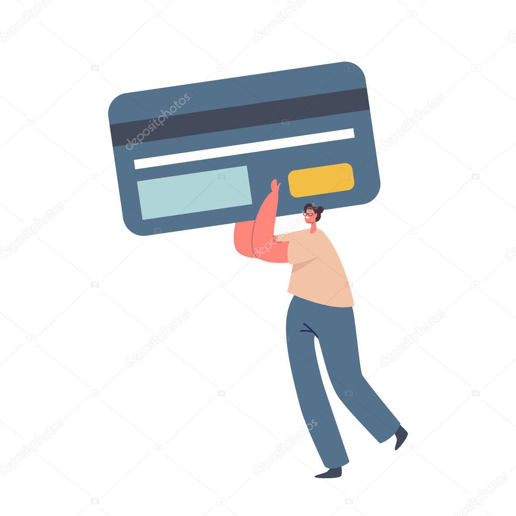Cashless Money Payment, Total Sale and Discount Concept. Tiny Female Character Hold Huge Credit Card, Online Transaction