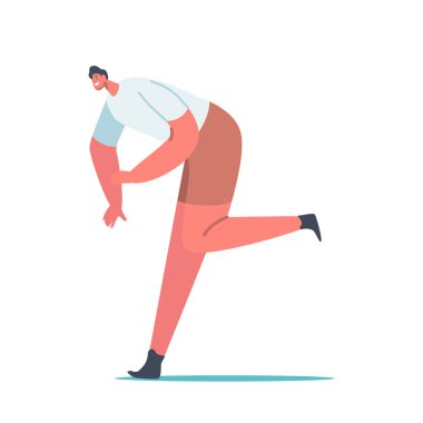 Bekar Erkek Karakteri Bir Şey Atar ya da Beyaz Arkaplanda Tökezletir. Tek Ayağın Üzerinde Durmaya Çalışan Adam