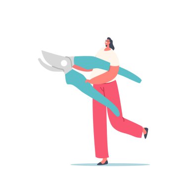 Tiny Female Karakteri Bahçıvanlık ya da Diy Works için Dev Pruner taşıyor. Bahçıvan ya da çiftçi Secateurs Makası