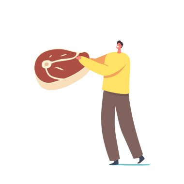 Küçük Erkek Karakteri Büyük Biftek Tutuyor, Beyaz Arkaplanda İzole Eti Olan Adam. Paleo Diyeti, Barbekü