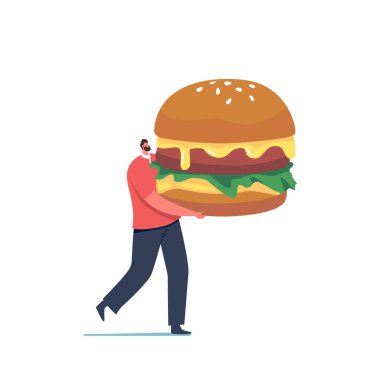 Minik Erkek Karakter Beyaz Arkaplanda Büyük Burger Taşıyor. Fast Food 'u seven adam, sağlıksız yemek yiyen, fast food yiyen adam.