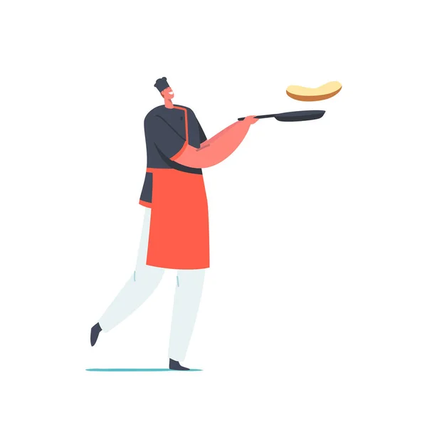 Chef Character Wear Toque, Apron and Restaurant Uniform Tossing Pancakes in Air on Cooking Pan. Cafe Staff Cooking Meal — стоковый вектор