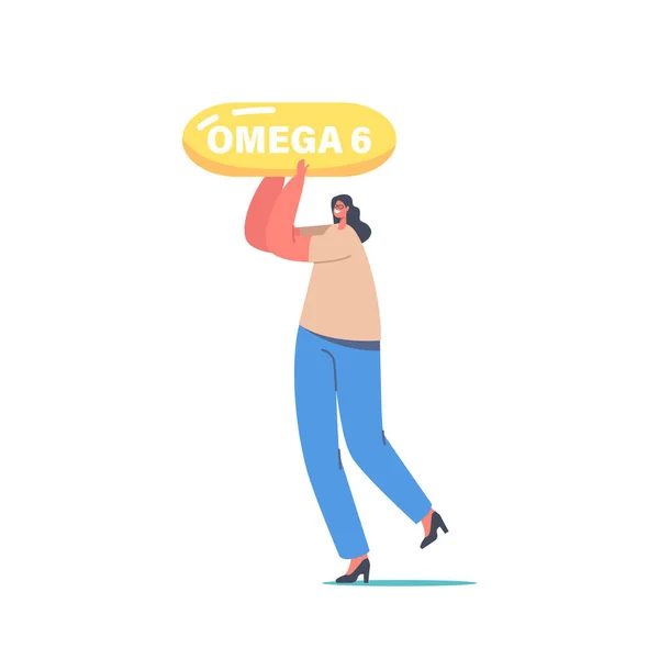 Pequeña mujer joven sana sosteniendo enorme cápsula de Omega 6 píldora de aceite, ácido graso poliinsaturado para el cuidado de la salud — Archivo Imágenes Vectoriales