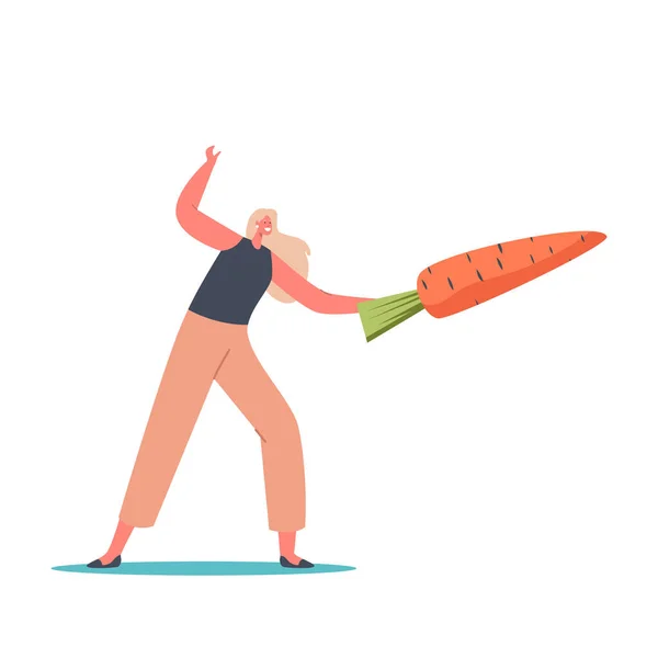 Pequeño personaje femenino con gran zanahoria aislado sobre fondo blanco. Concepto de dieta, alimentación saludable y vida activa — Vector de stock