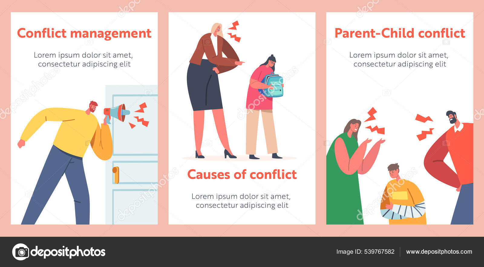 家长与儿童的冲突漫画横幅。母亲和父亲对女儿或儿子大喊大叫图库矢量图©vectorlab 539767582, image size:1600x883