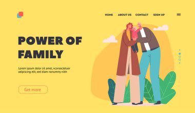 Aile İniş Sayfası Şablonu 'nun Gücü. Ebeveynler Bebeği Ellerinde Tutar. Anne ve Baba Mutlu Karakterleri Seviyor Çocuğa Sarıl