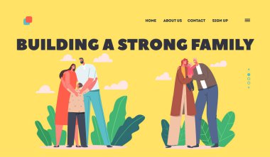 Strong Family Landing Page Şablonu. Sevgi dolu ebeveynler bebeğe sarılır. Anne ve Baba Karakterleri Çocuğu Ellerinde Tut