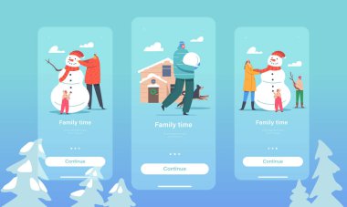 Family Time Mobil Uygulama Sayfası Ekran Şablonu. Mutlu Ebeveynler ve Çocuklar Karlı Arazide Komik Kardan Adam Yapıyor