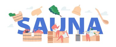 Sauna ve Spa Su Prosedürleri Konsepti. Karakterler Rahatlama, Vücut Bakımı Terapisi, Tahta Banyo Çifti, İnsan Hijyeni