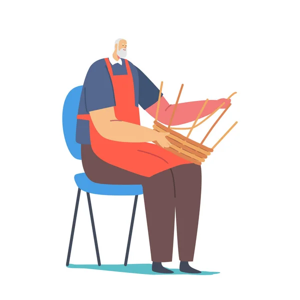 Handmade Hobby, Business. Senior Male Character Weaving Basket. Old Man Make Wicker Picnic Pannier of Natural Materials — Stock Vector
