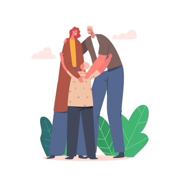 Posición de familia cariñosa con brazos unidos, padres y vínculo infantil. Personajes de madre y padre sosteniendo las manos del hijo, abrazando — Vector de stock