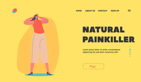 Natuurlijke Painkiller Landing Page Template. Vrouw met sterke pijn. Vrouwelijke Karakter Gevoel Hoofd Ache, Gezondheidsprobleem — Stockvector