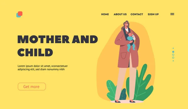 Mother and Child Landing Page Template. Female Character with Newborn Baby Sitting in Sling, Caucasian Woman with Child — Vettoriale Stock