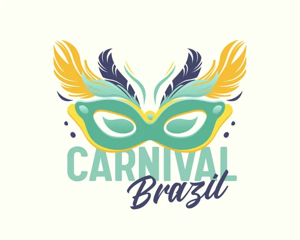 Brazil Carnival Emblem with Elegant Green Mask with Feathers, Brazilian Rio Masquerade, Party or Festival Celebration — Stock Vector