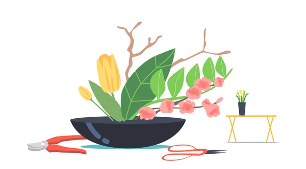 Japans Ikebana Concept. Aziatische cultuur en kunst. Traditioneel Japan Mooie bloemistische samenstelling van bloemen en planten — Stockvector