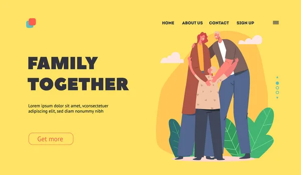 Loving Family Stand Together with Joined Arms, Landing Page Template. Parents and Child Bonding. People Hugging, Love — 图库矢量图片