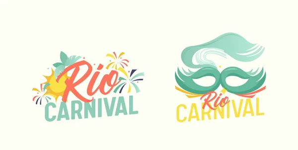 Emblemi di Carnevale di Rio con maschera e fuochi d'artificio, striscioni festivi isolati, adesivi o etichette per le vacanze brasiliane — Vettoriale Stock