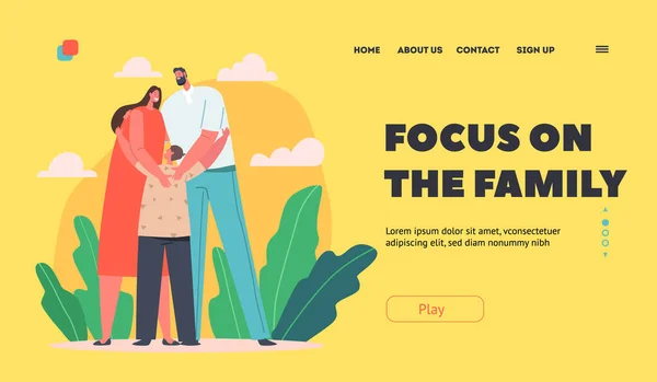 Focus on Family Landing Page Template. Loving Parents and Baby Hugging, Dad, Mom and Son Stand with Joined Arms — 图库矢量图片