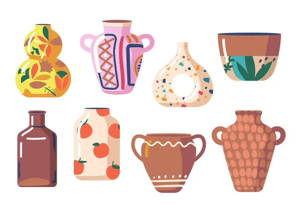 Conjunto de vasos cerâmicos, objetos cerâmicos coloridos, coleção de copos de cerâmica antiga e moderna com padrões abstratos — Vetor de Stock