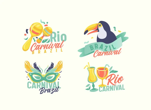 Set of Rio Carnival Emblems with Mask, Toucan Bird, Cocktails and Maracas. Festive Banners, Stickers or Labels Design — Stock Vector