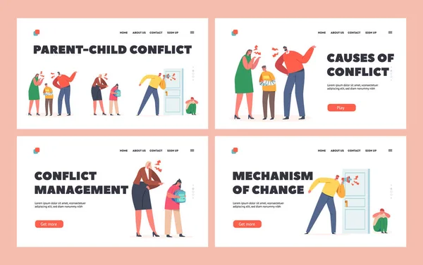 Padres Conflicto infantil Landing Page Template Set. Personajes familiares Madre y padre gritan y culpan a su hija o hijo — Archivo Imágenes Vectoriales