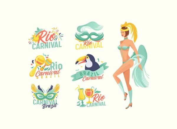 Set di Emblemi di Carnevale di Rio, Brasile Festival Intrattenimento Bandiere con fuochi d'artificio, Maschera, Uccello Tucano, Cocktail e Donna — Vettoriale Stock