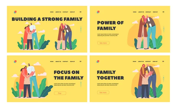 Loving Happy Family Landing Page Template Set. Parents Hug Baby. Mother and Father Characters Holding Child on Hands — 图库矢量图片