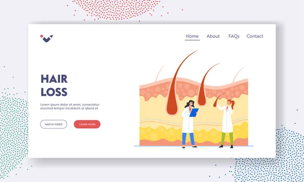 Hair Loss Landing Page Template. Tiny Trichologist Studying Huge Hair Follicle and Scalp Skin, Doctor Dermatologist — Wektor stockowy