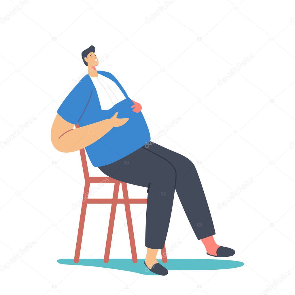 Overeat Man with Napkin on Chest Sitting on Chair Flapping Belly with Hands Isolated on White Background, Unhealthy Life