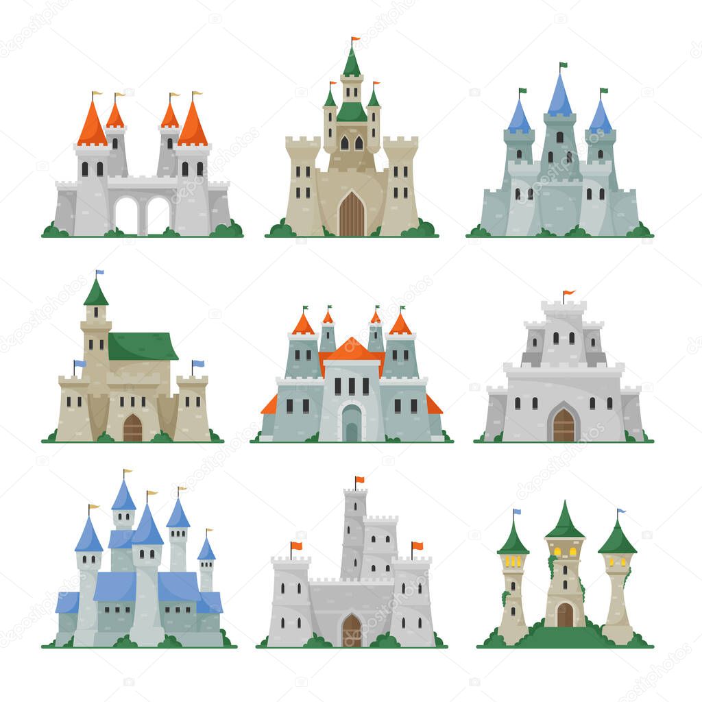 Conjunto de castillos de cuento de hadas, torres medievales, edificios de  palacio de fantasía en el reino de Fairyland. Fabulosos bastiones  históricos Vector de stock por ©vectorlab 539763736, image size:1024x1024